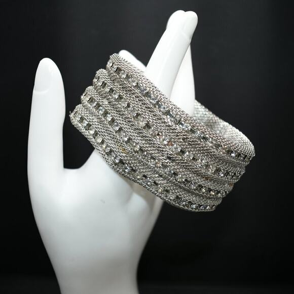 Vintage Wide Rhinestone Silver Tone Bracelet, Magnetic Clasp, 7 1/2 Inches - Picture 1 of 7